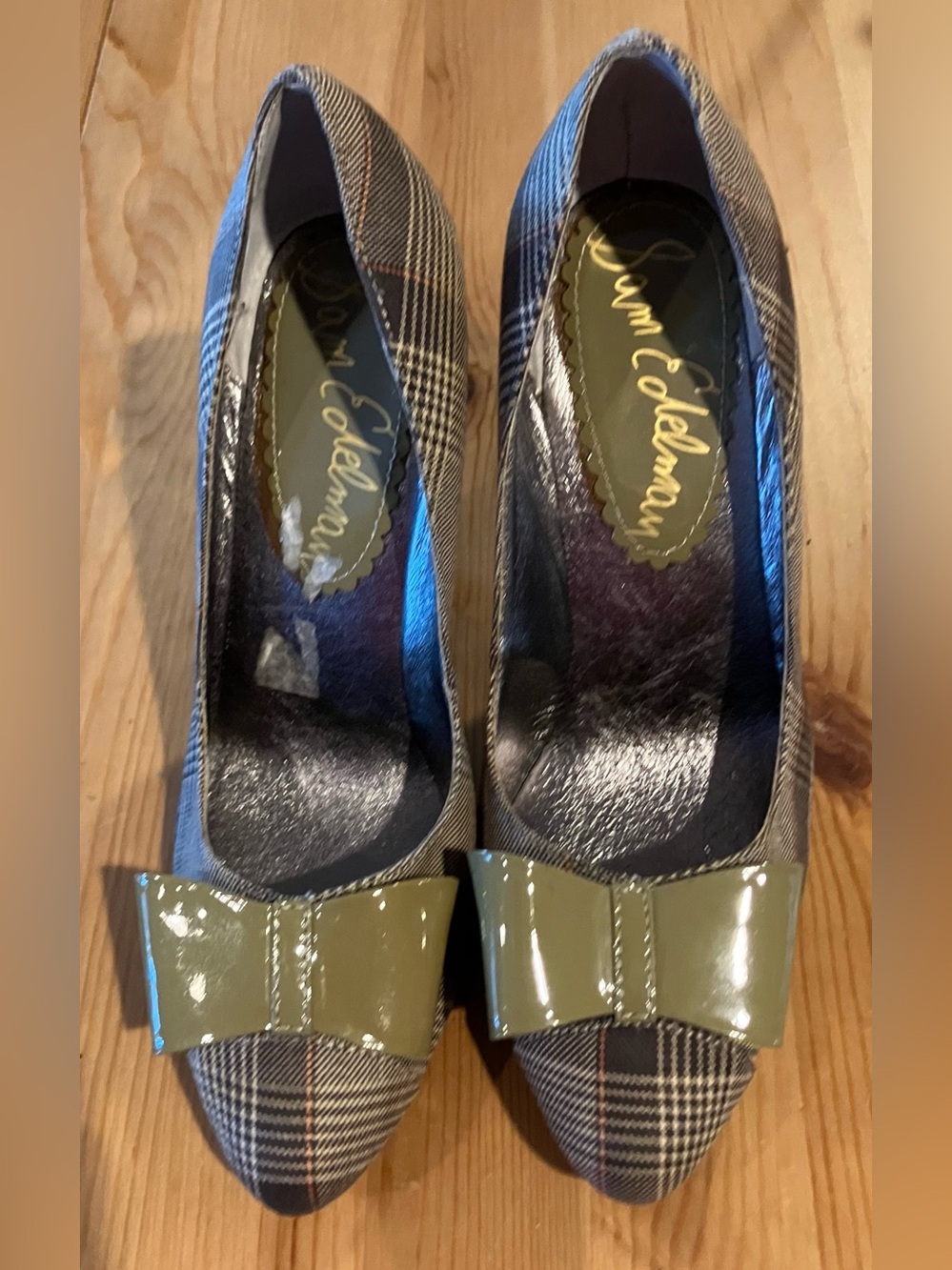 GUC Sam Edelman Olive/Tan/Ivory Plaid Pointed-Toe Pumps with Green Bow Tie SZ 6